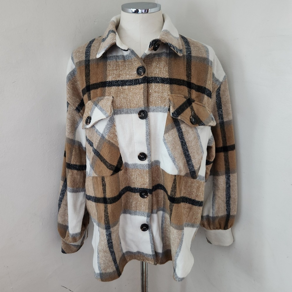 Windsor Plaid‎ Shacket Tan White Black Button Up Shirt Jacket Women's S/M